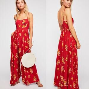Free People What is Love Wide Leg Jumpsuit Red Floral size 4